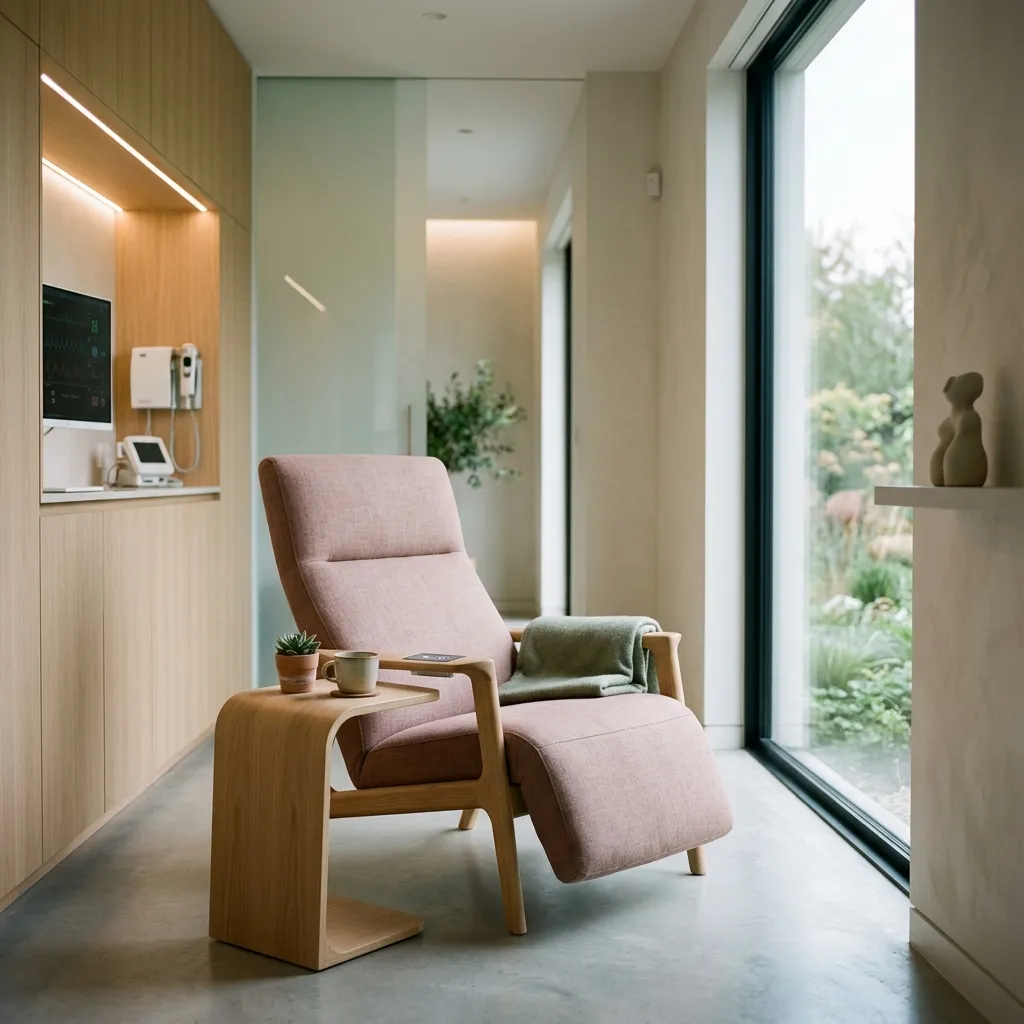 High-tech warm minimalist clinical interior with elegant modern recliner